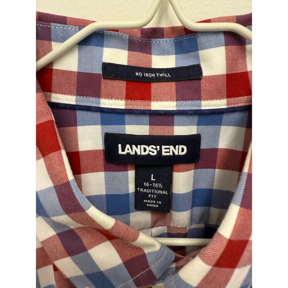Lands’ End Shirt Men's L 16 Red Blue Plaid White Button Up 100% Cotton - Picture 5 of 5